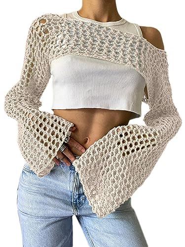 Onsoyours Damen Strick Crop Top Crochet Tops Strickpullover Casual Pullover Langarmshirt Y2K Elegant Tops Cover Up für Frauen A Beige M von Onsoyours