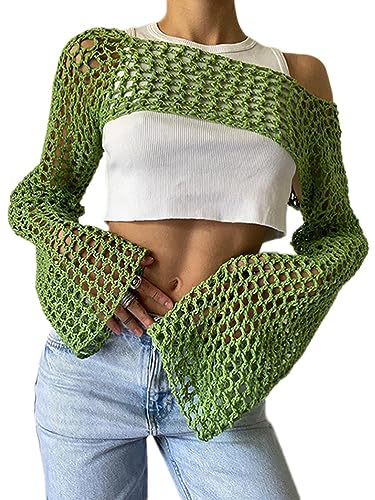 Onsoyours Damen Strick Crop Top Crochet Tops Strickpullover Casual Pullover Langarmshirt Y2K Elegant Tops Cover Up für Frauen A Grün L von Onsoyours