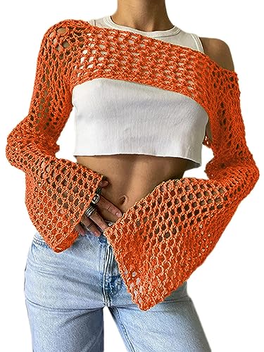 Onsoyours Damen Strick Crop Top Crochet Tops Strickpullover Casual Pullover Langarmshirt Y2K Elegant Tops Cover Up für Frauen A Orange L von Onsoyours