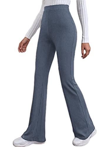 Onsoyours Damen Strick Hose Schlaghose Jogginghose Elastische Bund ohne Knoten Casual Einfarbig Yogahose Sporthose Straight Leg Büro Pants A GrauBlau L von Onsoyours