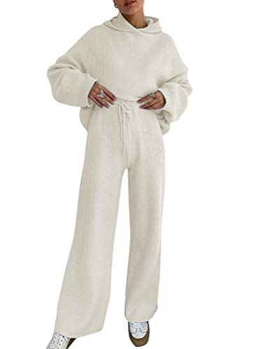 Onsoyours Damen Strick Pullover Mit Kapuze 2 Stück Outfits Freizeitanzug Gestrickt Sportanzug Jogginganzug Trainingsanzug Set Aprikose M von Onsoyours