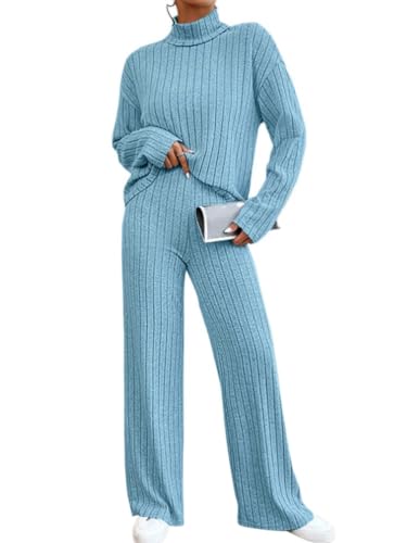 Onsoyours Damen Strick Set Pullover mit Rollkragen 2 Stück Set Einfarbig Outfits Freizeitanzug Gestrickt Sportanzug Jogginganzug Trainingsanzug Set B Blau S von Onsoyours