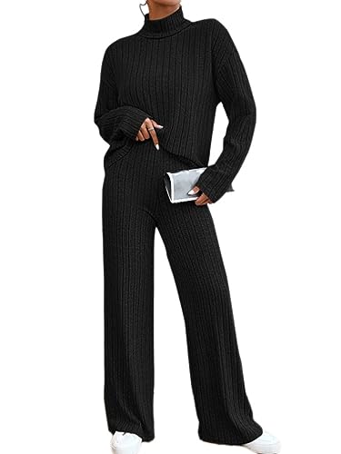 Onsoyours Damen Strick Set Pullover mit Rollkragen 2 Stück Set Einfarbig Outfits Freizeitanzug Gestrickt Sportanzug Jogginganzug Trainingsanzug Set B Schwarz XL von Onsoyours