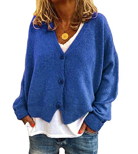 Onsoyours Damen Strickcardigan V-Neck Knopf Elegant Strickjacke Strickmantel Cardigan Gestrickt-Street Style B Blau XXL von Onsoyours