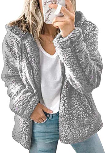 Onsoyours Damen Strickfleecejacke Fleecejacke mit Kapuzen Reißverschluss Winterjacke Klassische Einfarbig Plüschjacke Teddy Mantel Warm Kapuzenjacke Parka (40, Grau) von Onsoyours