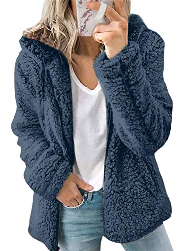 Onsoyours Damen Strickfleecejacke Fleecejacke mit Kapuzen Reißverschluss Winterjacke Klassische Einfarbig Plüschjacke Teddy Mantel Warm Kapuzenjacke Parka (44, Blau) von Onsoyours