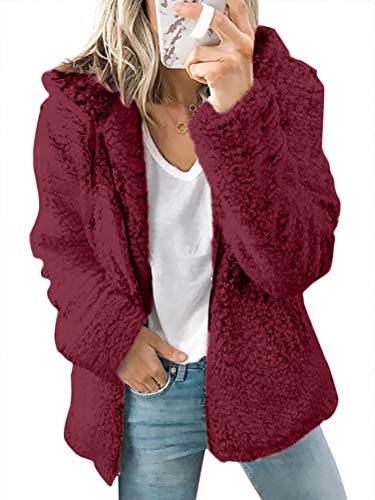 Onsoyours Damen Strickfleecejacke Fleecejacke mit Kapuzen Reißverschluss Winterjacke Klassische Einfarbig Plüschjacke Teddy Mantel Warm Kapuzenjacke Parka Rot 42 von Onsoyours