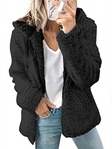 Onsoyours Damen Strickfleecejacke Fleecejacke mit Kapuzen Reißverschluss Winterjacke Klassische Einfarbig Plüschjacke Teddy Mantel Warm Kapuzenjacke Parka Schwarz 42 von Onsoyours