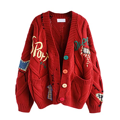 Onsoyours Damen Strickjacke Bestickt Tasche Taste Buchstabe Vintage Alltag Langarm Regular Fit Pullover Strickjacken V-Ausschnitt Herbst Winter A Rot Einheitsgröße von Onsoyours