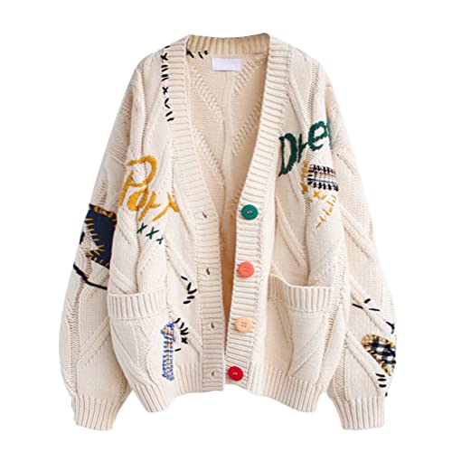 Onsoyours Damen Strickjacke Bestickt Tasche Taste Buchstabe Vintage Langarm Pullover Grobstrick Cardigan Strickmantel Herbst Winter A Aprikose Einheitsgröße von Onsoyours
