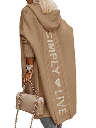 Onsoyours Damen Strickjacke Cardigan Lang Strickmantel Pullover Strickcardigan Kapuzenjacke Outwear Langarm Herbst Strick Mäntel mit Tasche A Khaki M von Onsoyours