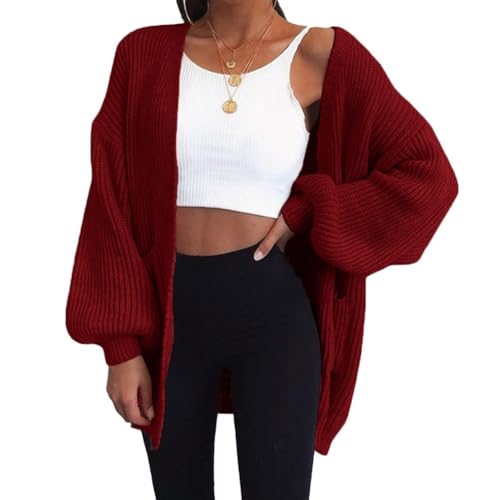 Onsoyours Damen Strickjacke Casual Cardigan Mantel Strickpullover Langarm Coat Jacke Ärmellose Strickjacke Lang Westen Damen Mantel Jacke Mit Seitentasche Herbst Rot M von Onsoyours