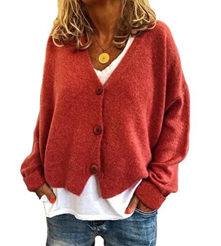 Onsoyours Damen Strickjacke Elegant Langarm Strick Mantel Open Front Sweater Cardigan Mit Knopfleiste Und Taschen B Hellrot XL von Onsoyours