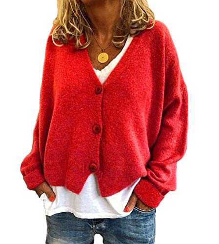 Onsoyours Damen Strickjacke Gestreift Cardigan Bunt Outwear Lose Strickpullover Langarm Coat Strickjacke Gestrickt Open Cardigan Farbblock Strickmantel Frühling Winter Sweater B Rot 3XL von Onsoyours