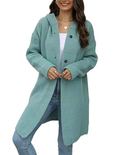 Onsoyours Damen Strickjacke Lang Cardigan Kapuzenpullover Grobstrickjacke Strickmantel mit Kapuze Cardigan Strickpullover Jacke Sweater Outerwear Herbst Winter A Grün L von Onsoyours