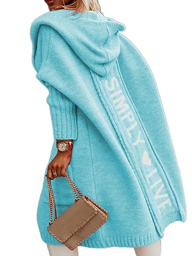 Onsoyours Damen Strickjacke Lang Cardigan Kapuzenpullover Lose Warm Herbst Winter Jacke Mantel mit Kapuze A Blau M von Onsoyours