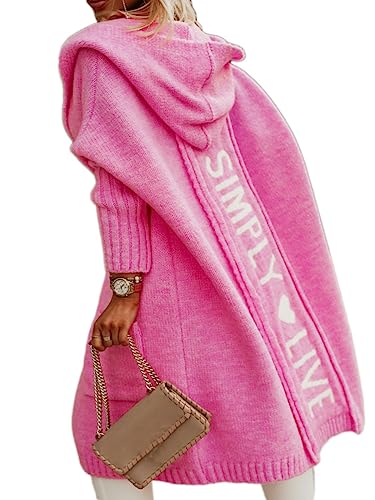 Onsoyours Damen Strickjacke Lang Cardigan Kapuzenpullover Lose Warm Herbst Winter Jacke Mantel mit Kapuze A Rosa XL von Onsoyours