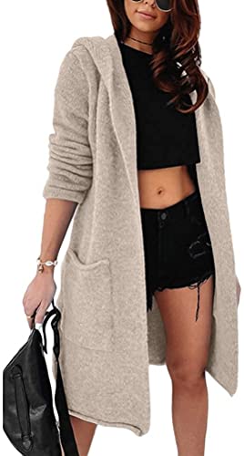 Onsoyours Damen Strickjacke Lang Cardigan Kapuzenpullover Lose Warm Herbst Winter Jacke Mantel mit Kapuze B Khaki M von Onsoyours