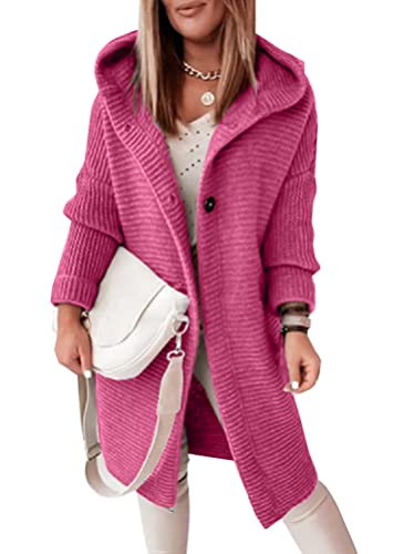 Onsoyours Damen Strickjacke Lang Cardigan Kapuzenpullover Lose Warm Herbst Winter Jacke Mantel mit Kapuze H Dunkelrosa XL von Onsoyours