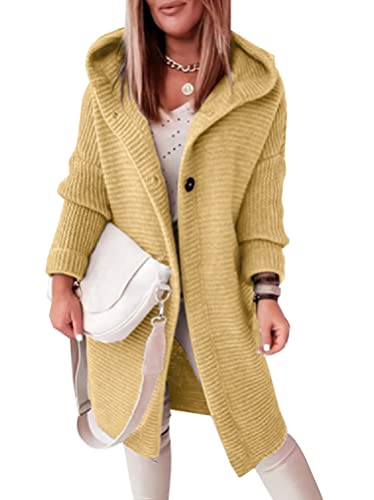 Onsoyours Damen Strickjacke Lang Cardigan Kapuzenpullover Lose Warm Herbst Winter Jacke Mantel mit Kapuze H Gelb XL von Onsoyours