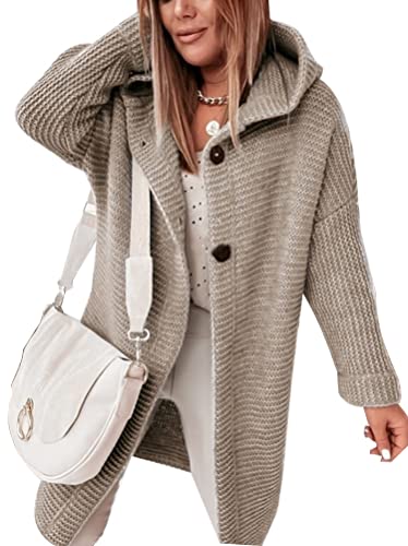 Onsoyours Damen Strickjacke Lang Cardigan Kapuzenpullover Lose Warm Herbst Winter Jacke Mantel mit Kapuze H Khaki L von Onsoyours