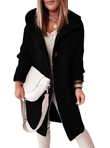 Onsoyours Damen Strickjacke Lang Cardigan Kapuzenpullover Lose Warm Herbst Winter Jacke Mantel mit Kapuze H Schwarz XLA von Onsoyours
