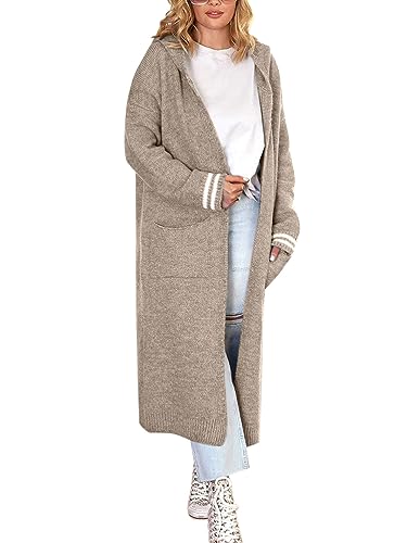 Onsoyours Damen Strickjacke Lang Cardigan Kapuzenpullover Lose Warm Herbst Winter Jacke Mantel mit Kapuze J Khaki XL von Onsoyours
