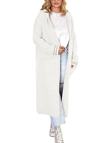 Onsoyours Damen Strickjacke Lang Cardigan Kapuzenpullover Lose Warm Herbst Winter Jacke Mantel mit Kapuze J Weiß L von Onsoyours