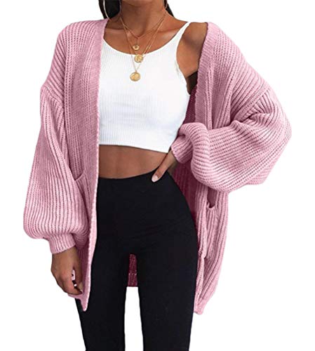 Onsoyours Damen Strickjacke Lang Cardigan Strickmantel Herbst Winter Übergangsjacke Strick Pullover Pulli Sweater Outwear Grobstrick Wintermäntel Hooded Cape Gestrickt Sweatshirt Rosa M von Onsoyours