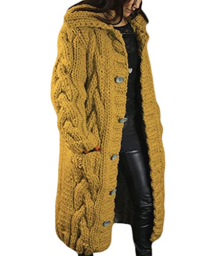 Onsoyours Damen Strickjacke Lang Cardigan Übergangsjacke Strick Pullover Strickmantel Herbst Winter Grobstrick Wintermäntel Pulli Sweater Outwear Cape Gestrickt Gelb XL von Onsoyours