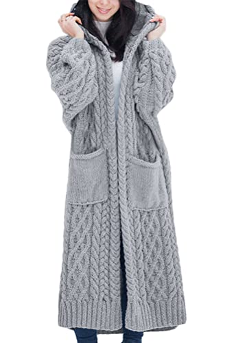 Onsoyours Damen Strickjacke Lang Grobstrick Cardigan Langarm Open Front Strickpullover Mantel Warm Strickmantel mit Tasche Herbst Winter A Grau XS von Onsoyours