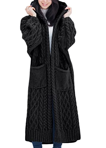 Onsoyours Damen Strickjacke Lang Grobstrick Cardigan Langarm Open Front Strickpullover Mantel Warm Strickmantel mit Tasche Herbst Winter A Schwarz 3XL von Onsoyours