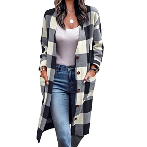 Onsoyours Damen Strickjacke Lang Kariert Strickmantel Cardigan Damen Herbst Winter Casual Pulli Sweater Jacke Outwear mit Knöpfe Casual Top Loose Tunika mit Tasche Schwarz M von Onsoyours