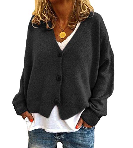 Onsoyours Damen Strickjacke Langarm Elegant Strick Mantel Open Front Sweater Cardigan Mit Knopfleiste Und Taschen B Schwarz XL von Onsoyours