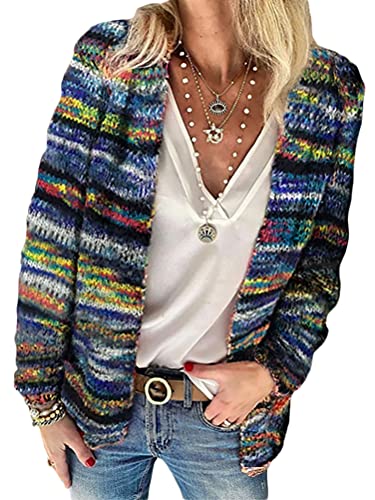 Onsoyours Damen Strickjacke Langarm Strickmantel Regenbogenbar Knopfleiste Freizeit Kurz Leicht Cardigan Herbst Winter Outerwear Blau M von Onsoyours