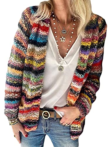 Onsoyours Damen Strickjacke Langarm Strickmantel Regenbogenbar Knopfleiste Freizeit Kurz Leicht Cardigan Herbst Winter Outerwear Rot XXL von Onsoyours