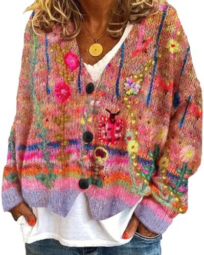 Onsoyours Damen Strickjacke Outerwear V-Ausschnitt Cardigan Elegant Einfarbig Kurz Strickmantel Pullover Herbst Winter Strickpullover Herbst Winter Jacke Mit Knopf C01 Rosa XL von Onsoyours