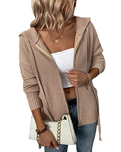 Onsoyours Damen Strickjacke Pullover Cardigan Casual Kurz Strickmantel Oversize Pullover Outerwear mit Kapuze A Khaki M von Onsoyours