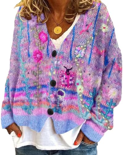Onsoyours Damen Strickjacke V-Ausschnitt Cardigan Outerwear Elegant Einfarbig Kurz Strickmantel Pullover Herbst Winter Strickpullover Herbst Winter Jacke Mit Knopf C01 Violett XL von Onsoyours
