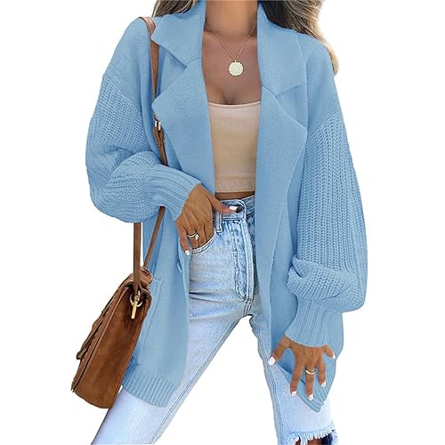 Onsoyours Damen Strickjacke V-Ausschnitt Knopfleiste Strick Revers Cardigan Lang Open Front Sweater Elegant Casual Schulterjacke Top mit Taschen A Blau L von Onsoyours