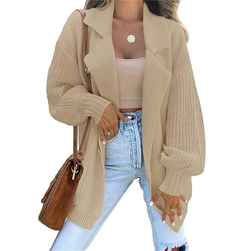 Onsoyours Damen Strickjacke V-Ausschnitt Knopfleiste Strick Revers Cardigan Lang Open Front Sweater Elegant Casual Schulterjacke Top mit Taschen A Khaki XS von Onsoyours