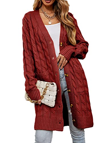 Onsoyours Damen Strickjacke Winter Elegante Gestrickte Strickjacke Outwear Lange Verdicken Cardigan Strickmantel Winterjacke Pullover Pulli Offener mit Taschen A Rostrot XL von Onsoyours