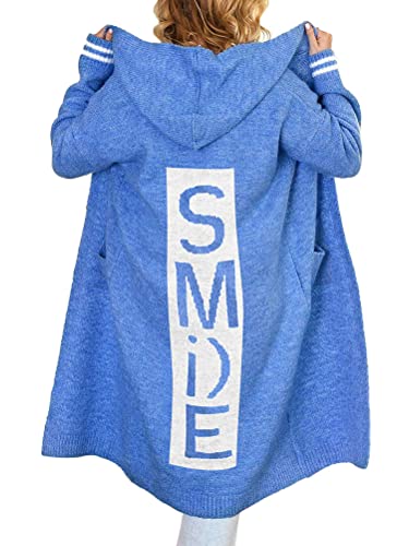 Onsoyours Damen Strickjacke mit Kapuze Buchstabe Casual Cardigan Damen Strickmantel Strickpullover Herbst Winter Outwear mit Taschen und Langarm A Blau L von Onsoyours