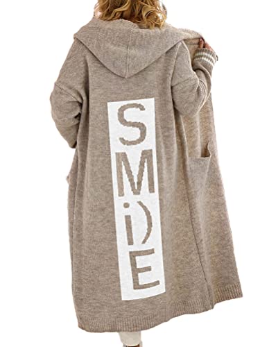 Onsoyours Damen Strickjacke mit Kapuze Buchstabe Casual Cardigan Damen Strickmantel Strickpullover Herbst Winter Outwear mit Taschen und Langarm A Khaki XL von Onsoyours