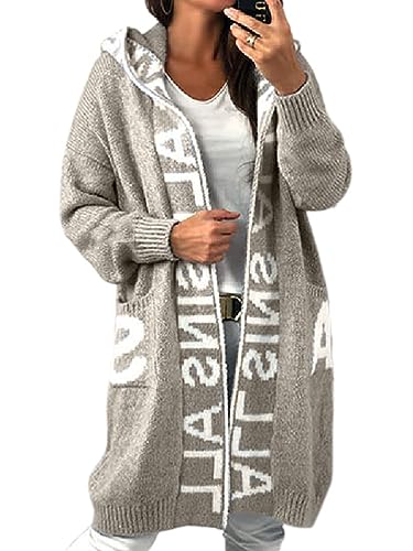 Onsoyours Damen Strickjacke mit Kapuze Buchstabe Casual Cardigan Damen Strickmantel Strickpullover Herbst Winter Outwear mit Taschen und Langarm B Khaki S von Onsoyours