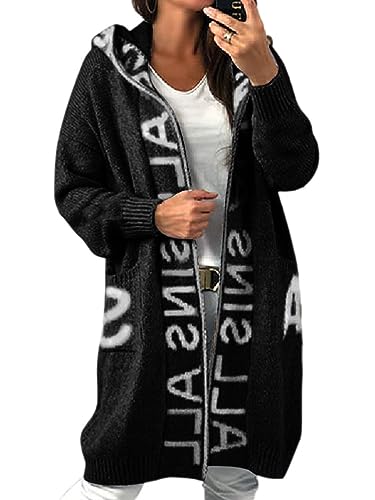 Onsoyours Damen Strickjacke mit Kapuze Buchstabe Casual Cardigan Damen Strickmantel Strickpullover Herbst Winter Outwear mit Taschen und Langarm B Schwarz L von Onsoyours