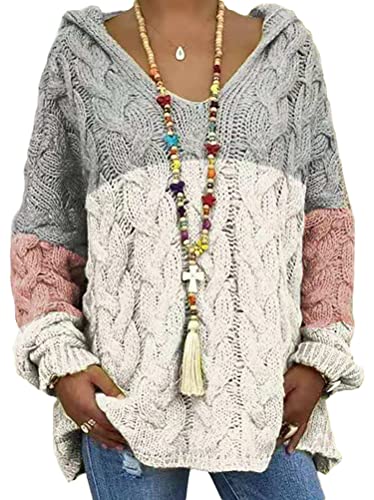 Onsoyours Damen Strickjacken Strickpullover Hoodie Casual Strickcardigan Color Block Kapuzenpullover Strickmantel Strickwaren B Grau L von Onsoyours