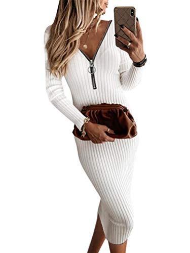 Onsoyours Damen Strickkleid Elegante Pulloverkleid Mit Zopfmuster A-Linie Langärmeliges Kleid Strickpullover C Weiß XL von Onsoyours