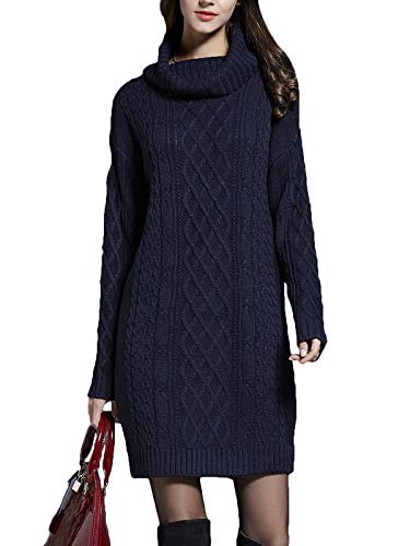 Onsoyours Damen Strickkleid Elegante Pulloverkleid mit Zopfmuster A-Linie Langärmeliges Kleid Strickpullover für Winter Blau L von Onsoyours