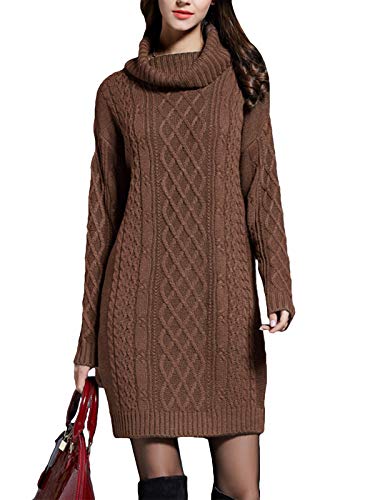Onsoyours Damen Strickkleid Elegante Pulloverkleid mit Zopfmuster A-Linie Langärmeliges Kleid Strickpullover für Winter Braun XL von Onsoyours